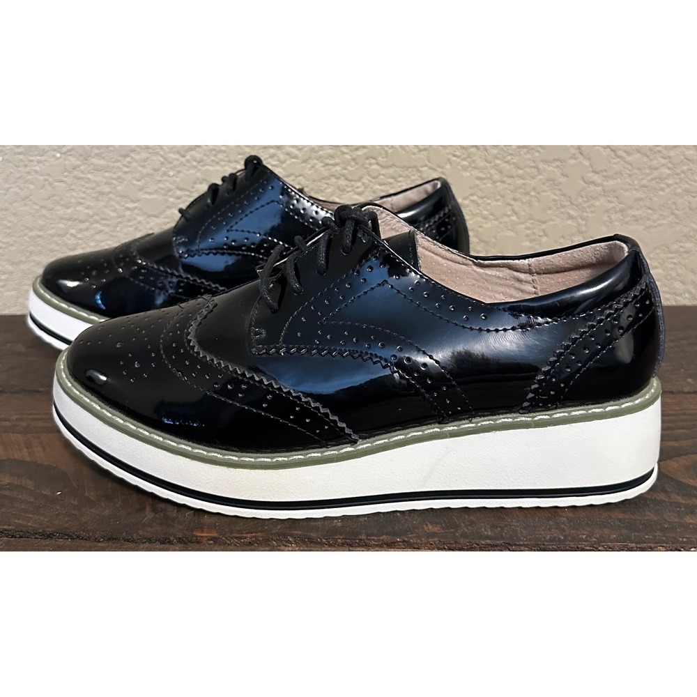 Dadawen Womens Black Patent Wingtip Platform Oxford Shoes Size 7 Brogue - Picture 4 of 15
